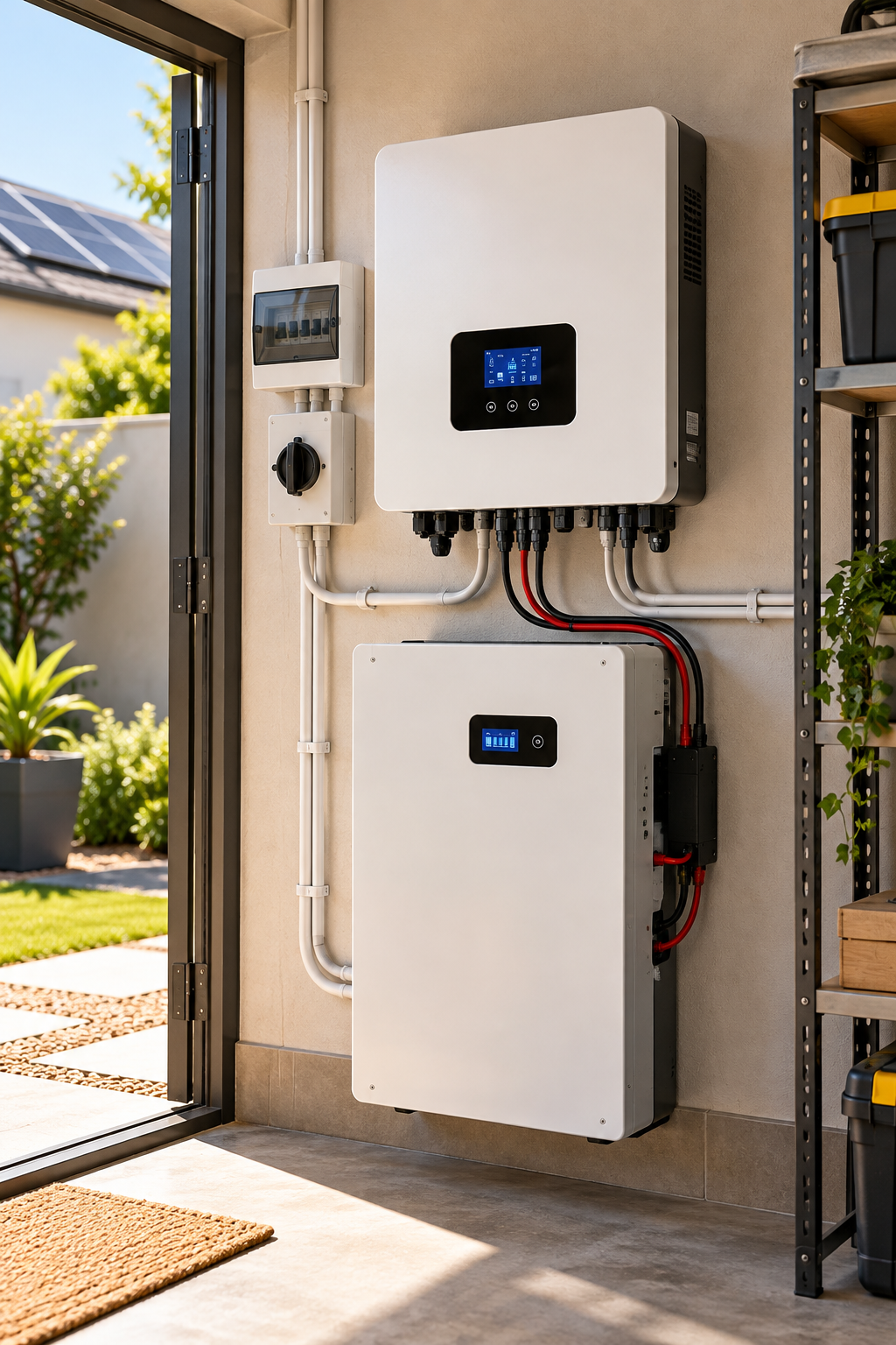 Residential hybrid inverter and lithium battery installed neatly inside a home