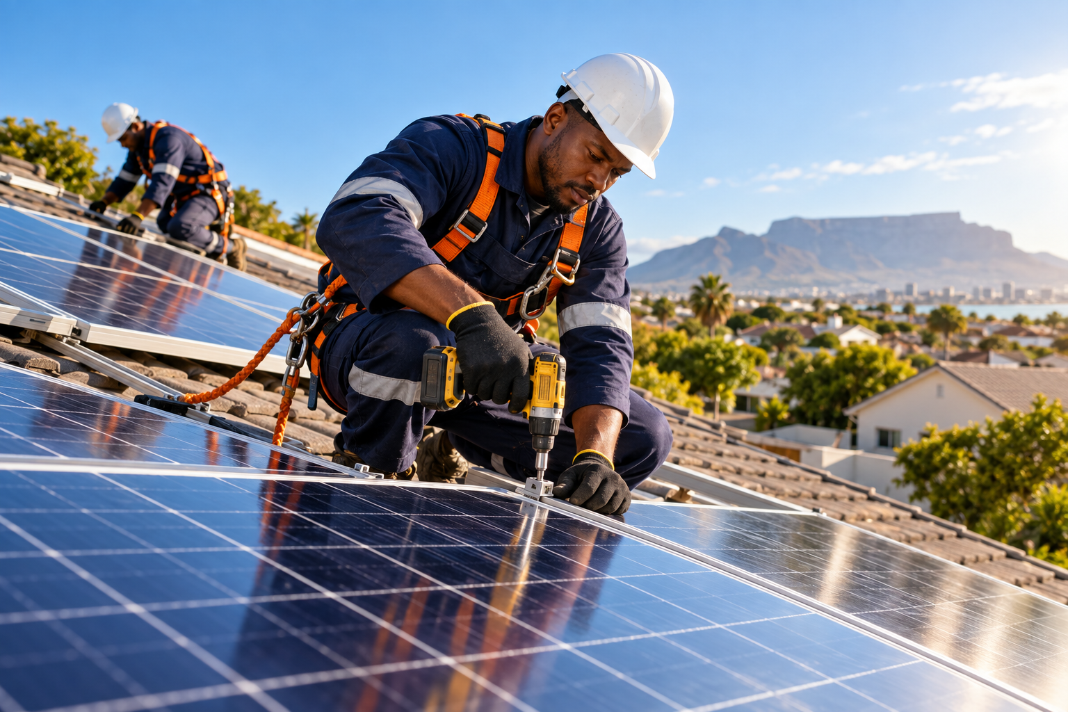 Solar technician securely installing rooftop solar panels