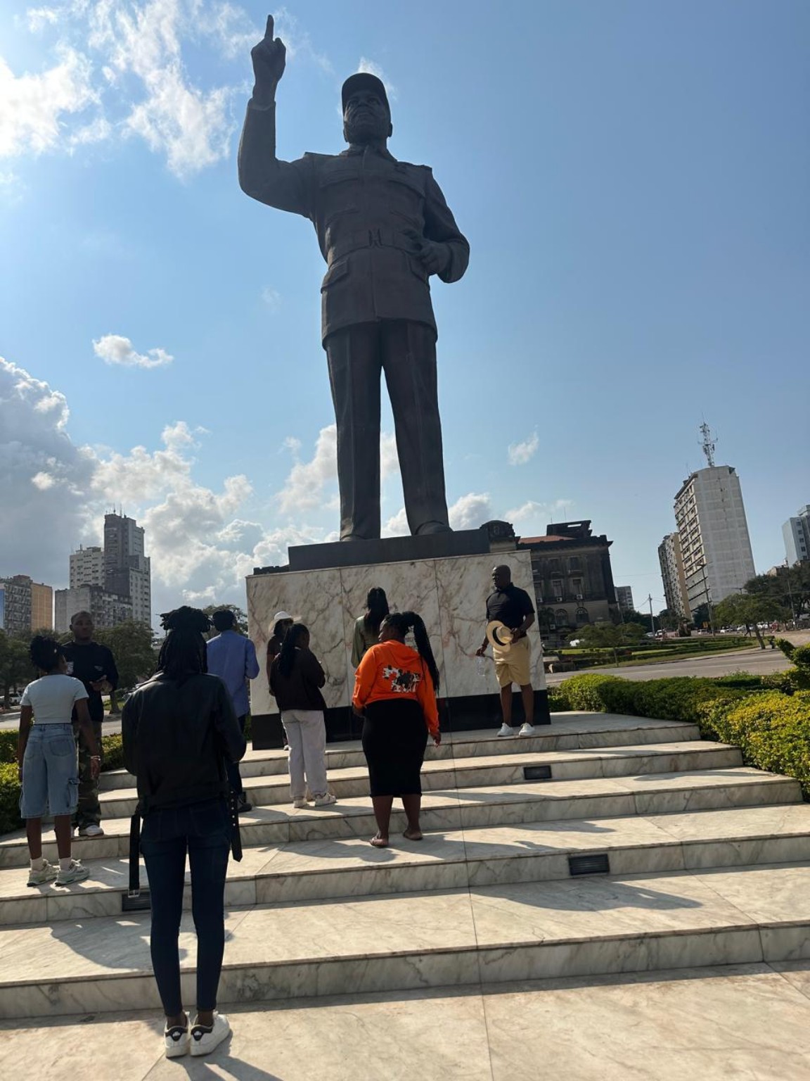A group exploring a city landmark